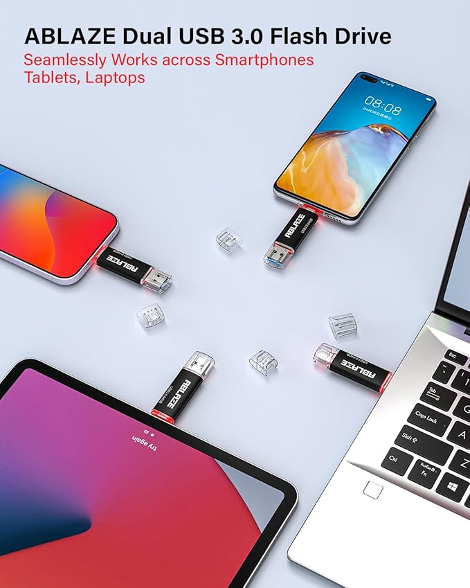 ABLAZE USB C Flash Drive 64GB 2 Pack, Dual USB 3.0+Type C Flash Drive Compatible with iPhone 16/15, Android Smartphone, Computer,Tablet Mac Laptop (2 Pack)