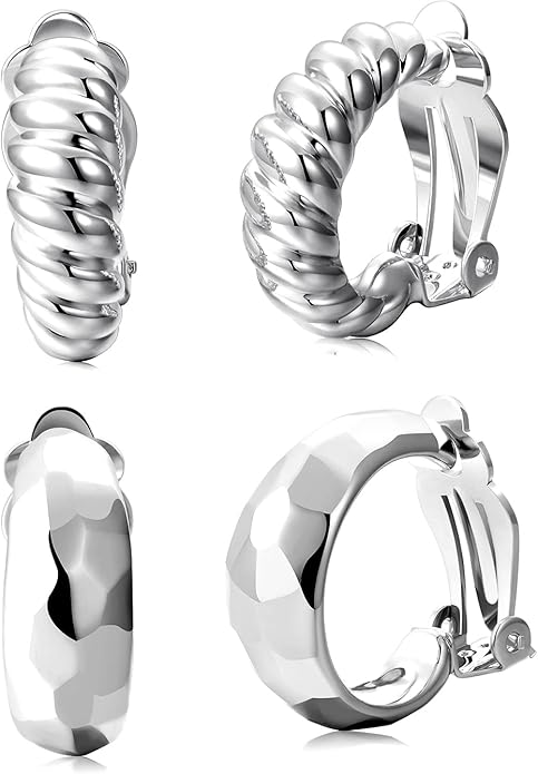 Clip on Earrings Women, 14K Gold Hoop Clip-On Earrings for Women, Hypoallergenic Non Pierced Croissant Earrings