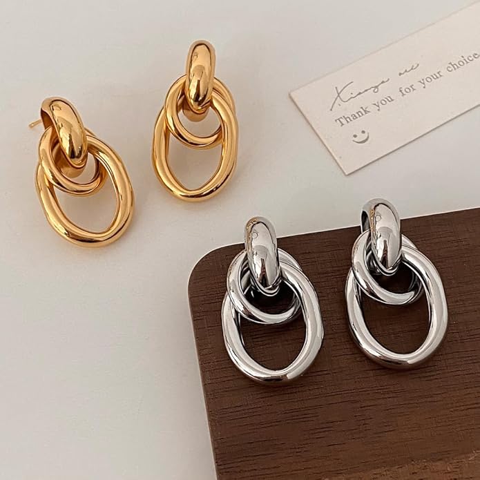 Gold Earrings for women Trendy - 14K Gold Plated Chunky Drop Dangle Knots Statement Earrings Hypoallergenic Lightweight Gold Jewelry Gifts
