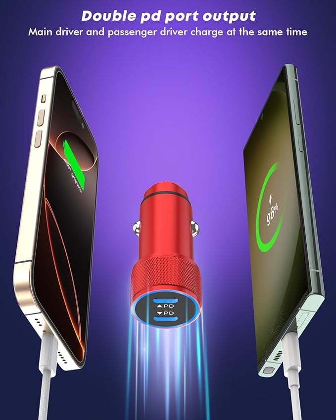 Fast Car Charger for iPhone 16,USB C Charging iPhone 2Pack Dual USB C Port Car Charger Block Cigarette Lighter Adapter Plug with Woven Braided USB C to USB C Cord for iPhone 16/16 Pro/15/iPad(Red)