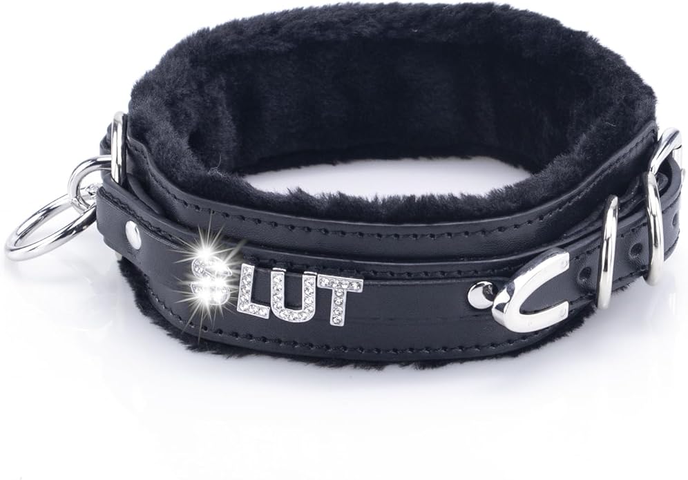 Sparkle Letter Choker Collar For Women, Furry O-ring Leather Collar Punk Gothic Choker Necklace Adjustable Fashion Jewelry, Black