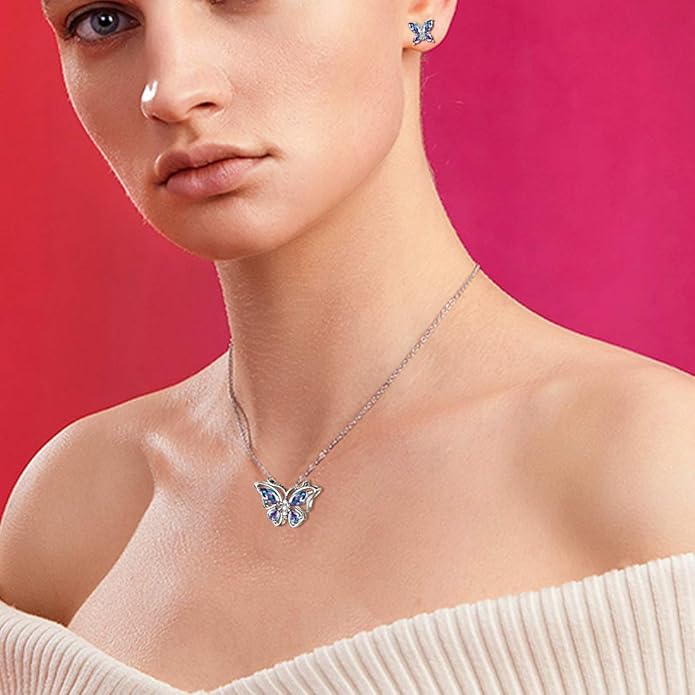 925 Sterling Silver Birthstone Butterfly Jewelry Women Crystal Animal Cute Butterflies Birthday Necklace/Earring/Ring/Bracelet Sets Birth Stone Statement Anniversary Jewellery