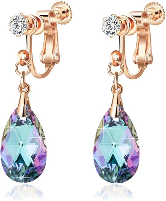 Teardrop Austrian Crystal Drop Clip On Dangle Earrings for Women Non Pierced 14K Rose Gold Plated Hypoallergenic Jewelry