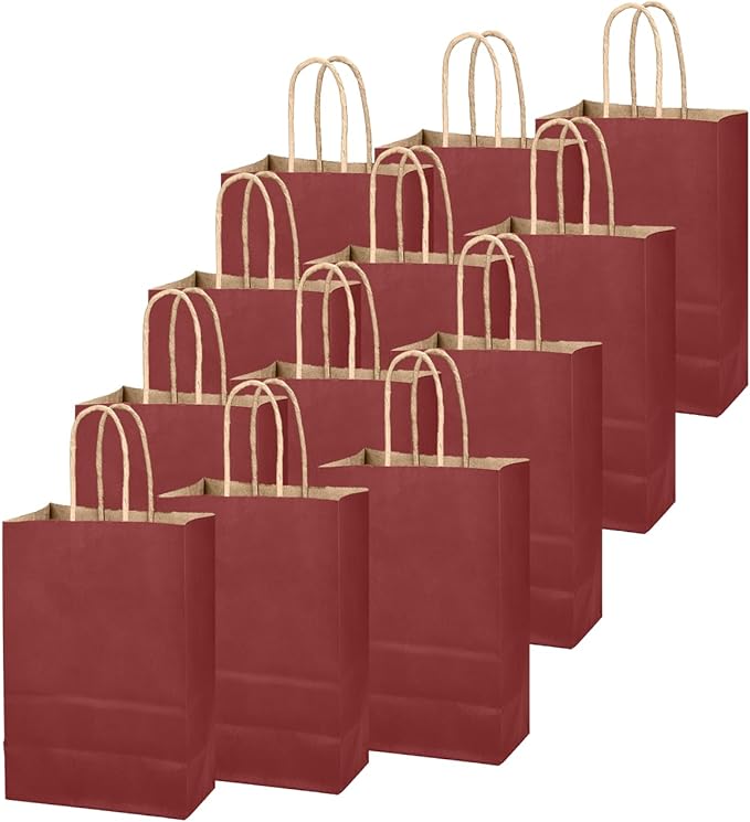 qiqee Brown Red Gift Bag with Handles Bulk 24Pcs Paper Bags -10.6"x8.3"x4.3"Party Favor Bags - Solid Color