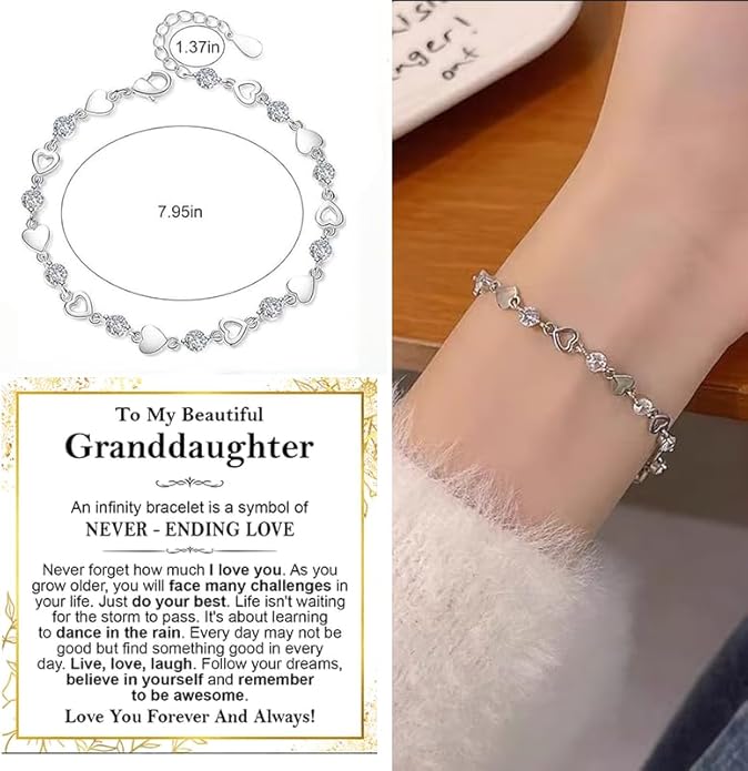 To My Granddaughter Bracelet from Grandma and Grandpa, Heart Chain Bracelet with Shiny Stones, Perfect Birthday or Graduation Christmas Gift for Granddaughter with Message Card and Gift Box