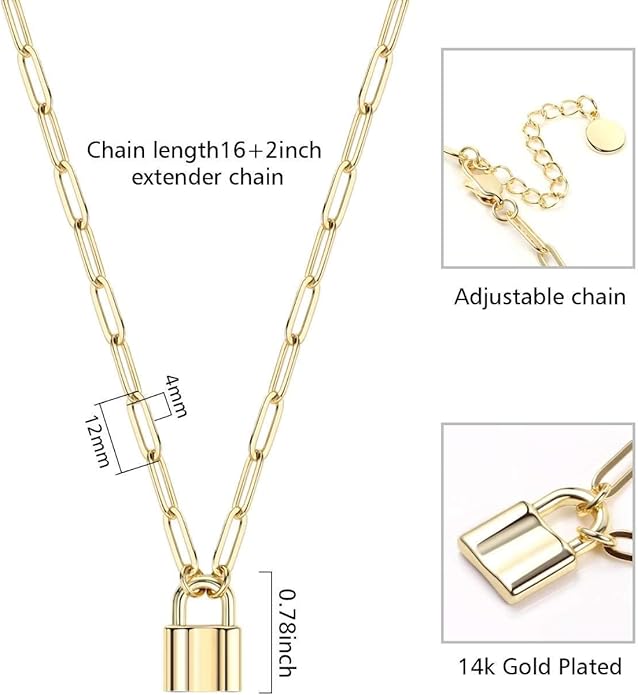 BOUTIQUELOVIN 14K Gold Plated Lock Necklace for Women Paperclip Link Chain Padlock Necklace Non-Tarnish