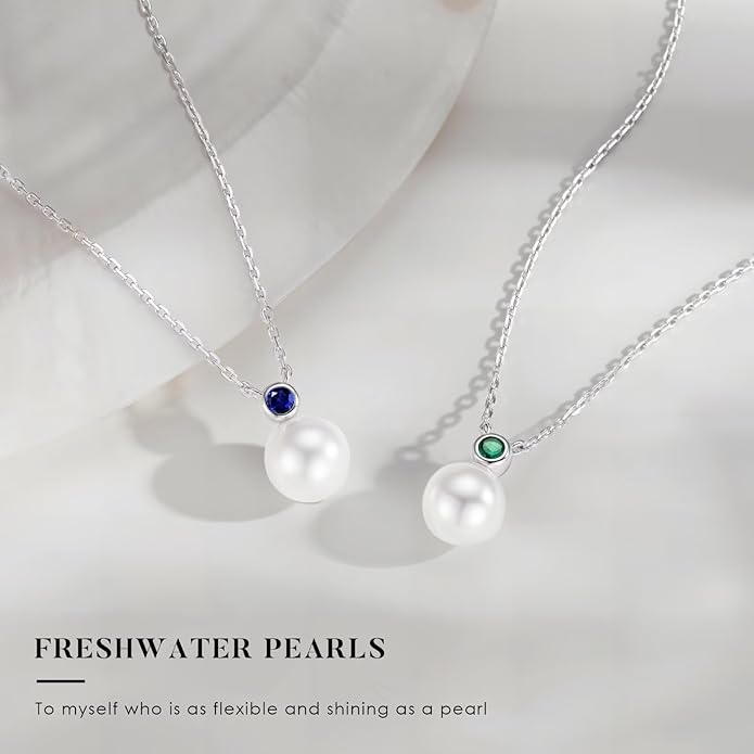 Iefil Valentines Day Gifts for Her - 9-10mm Freshwater Pearl Necklace for Women, Anniversary Birthday Gifts for Wife Mom Girlfriend, S925 Sterling Silver Pearl & Birthstone Necklace, Jewelry for Women