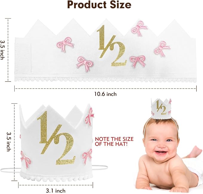 Half Birthday Crown Hat,White Birthday Crown for Baby 6-12 Months, Pink Bow Soft Photo Props for Half Year Celebration, Party Decorations