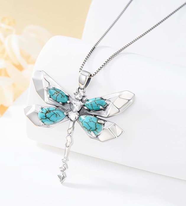 Genuine Turquoise Dragonfly Boho Necklace, Sterling Silver Vintage Native American Western Jewelry Birthdays Gift for Women