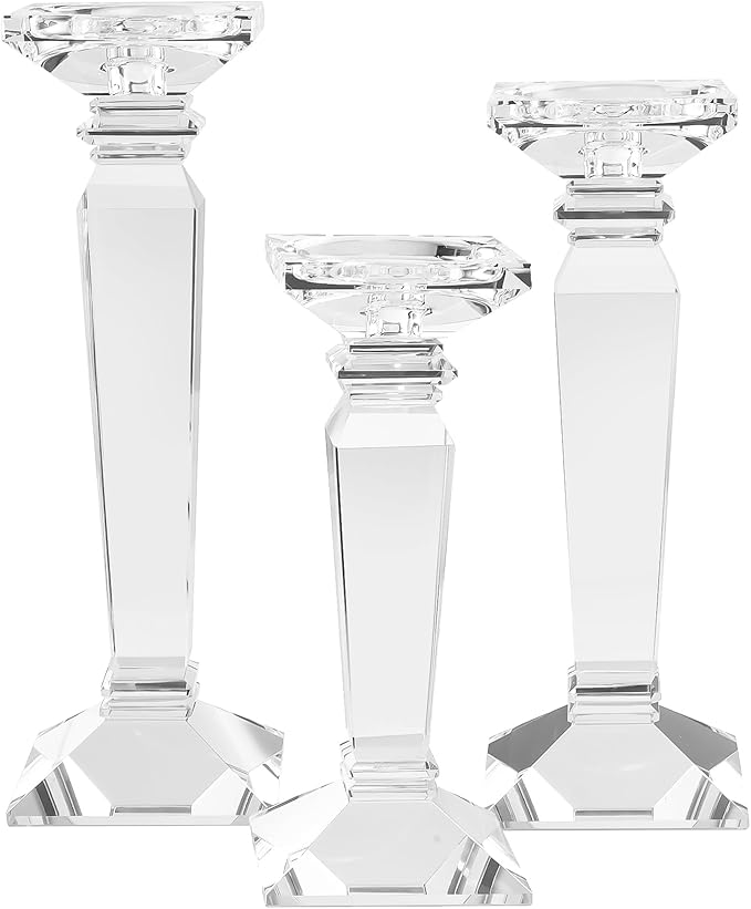 Kitcom Crystal Candlestick Holders Hand Cut Crystal Taper/Pillar Candle Holders, Table Centerpieces for Party Wedding Banquet Decorations Set of 3, Comes with Gift Box(11.6''/10.4''/9.3'' Tall)
