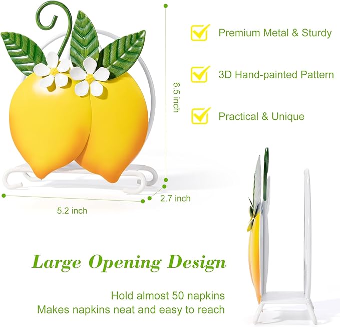Lemon Napkin Holder for Table - Tissue Holder for Spring Home Decor, Vintage Home Yellow Kitchen Counter Decor and Accessories, Lemon Housewarming Gifts for Women, 3D Handmade Pattern, Metal
