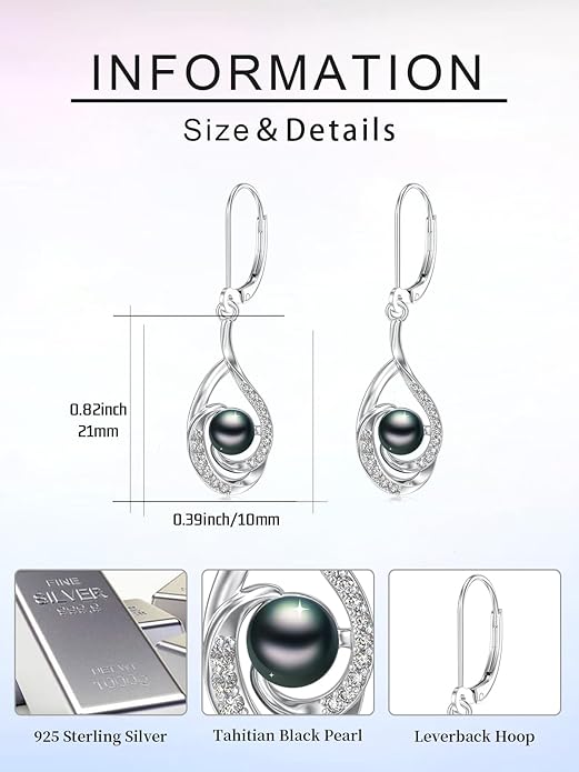 Tahitian Black Pearl Earrings Gifts for Women Wife Celtic Dangle Drop Earrings Wedding Birthday Anniversary Jewelry Valentines Christmas Day Gifts 925 Sterling Silver