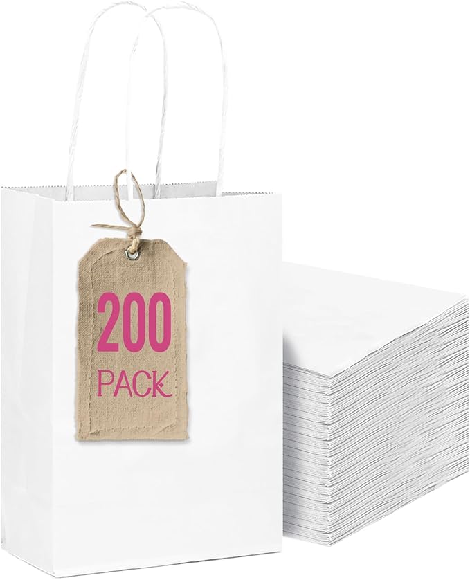 qiqee 200-Packs White Paper Gift Bags with Handles Bulk 4.5"x2.5"x6" Mini Size Paper Bags Multiple Uses