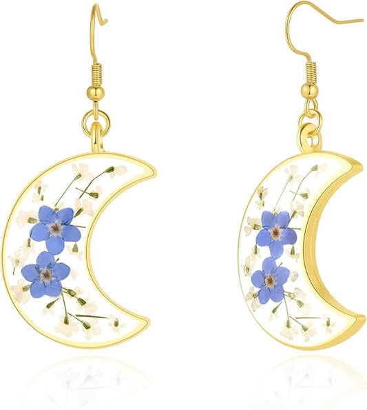 Forget-Me-Not and Queen Anne's Lace Pressed Wildflower Earrings | Pressed Flower Earrings | Handmade Drop and Dangle Earrings | Gift for Woman