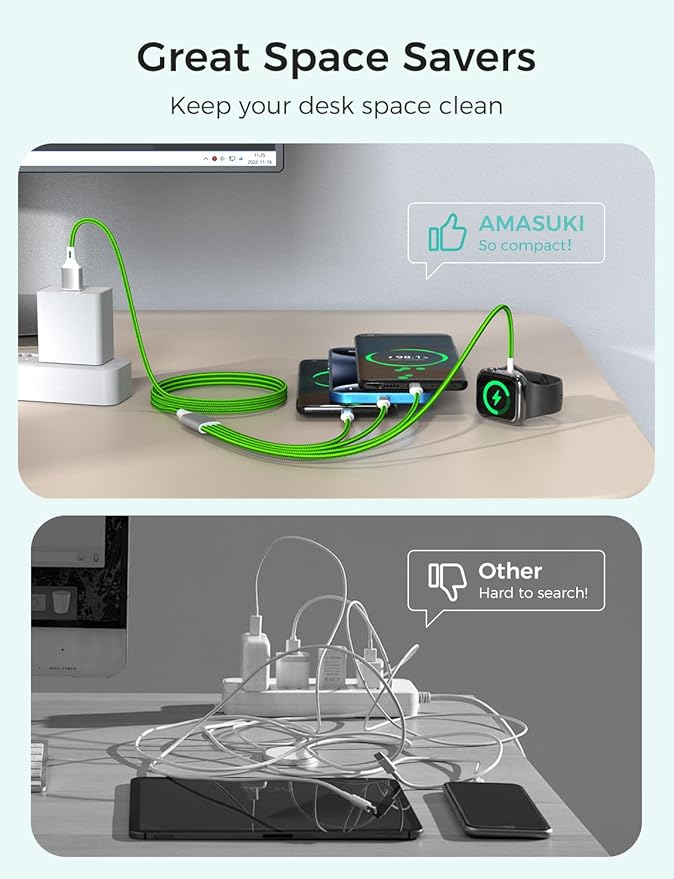 2Pack Travel Essentials Multi Charging Cable for Watch Charger 4 in 1 Fast Charger Camping Essentials USB C/L/Micro Compatible with Watch Series 10-1/SE/Ultra Phone 16 15/Galaxy Android-4FT/Green