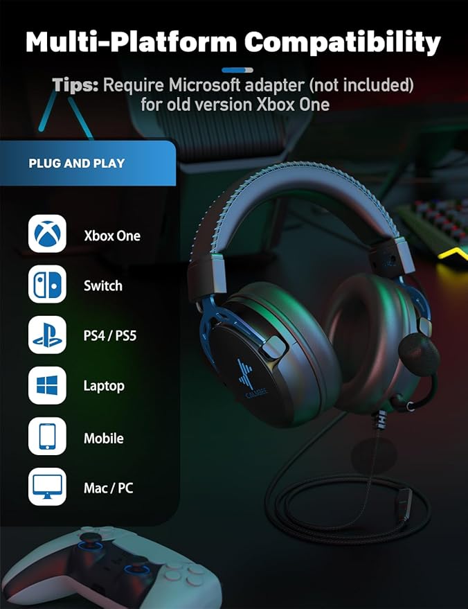 DEEBOX Gaming Headset for PC, PS5, PS4, Xbox, Gaming Headphone with Detachable Noise Canceling Mic, Wired Gaming Headsets 3.5mm for PC, Laptop, Mac & Nintendo NES Games