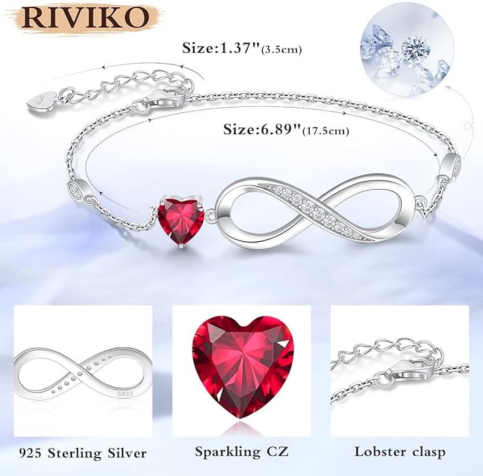 RIVIKO Infinity Love Heart Symbol Charm Bracelet for Women 925 Sterling Silver Adjustable Birthday Valentine’s Day Christmas Mothers Day Jewelry Gift for Mom Women Wife Her Friends