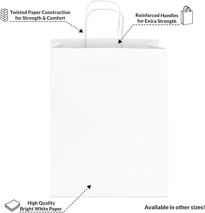 Prime Line Packaging White Gift Bags, Paper Shopping Bags with Handles for Small Business, Boutiques, Retail, Merchandise, Favors, Bulk, 10x5x13, 25 Pack