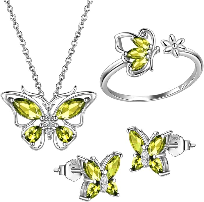 925 Sterling Silver Birthstone Butterfly Jewelry Women Crystal Animal Cute Butterflies Birthday Necklace/Earring/Ring/Bracelet Sets Birth Stone Statement Anniversary Jewellery