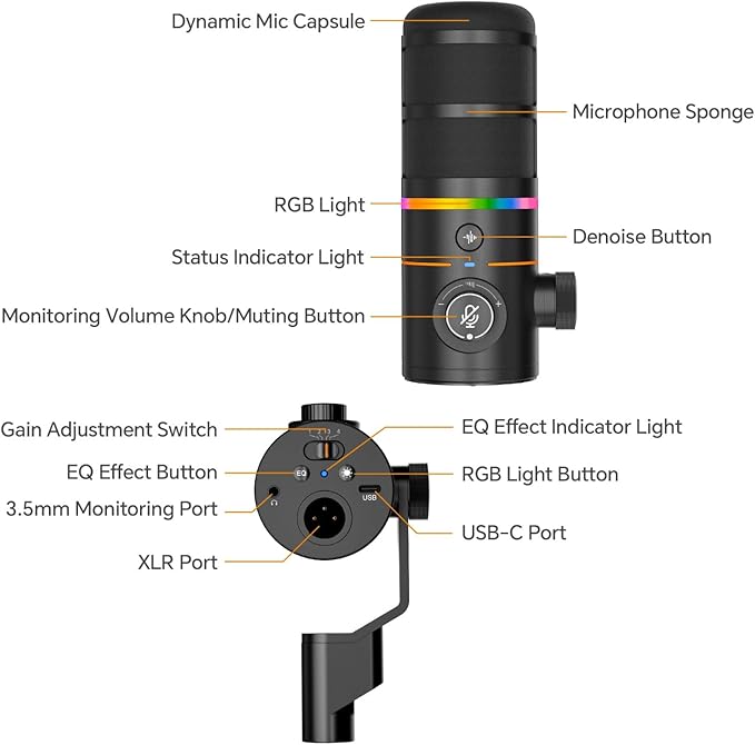COMICA D10 Pro A Wireless/XLR/USB Dynamic Microphone with Receiver Boom Arm Stand- Dual Channel Cardioid Mic, 45H Battery, RGB Lights, CalMix Denoise for Gaming/Streaming/PD(PC, PS4/5, Mac,Phone)Black