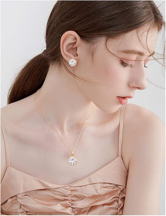 Bridal Crystal Jewelry Set - Sterling Silver Round Cubic Zirconia CZ Rhinestone Halo Birthstone Pendant Necklace Stud Earrings Set for Wedding Bride Bridesmaids Birthday Gift