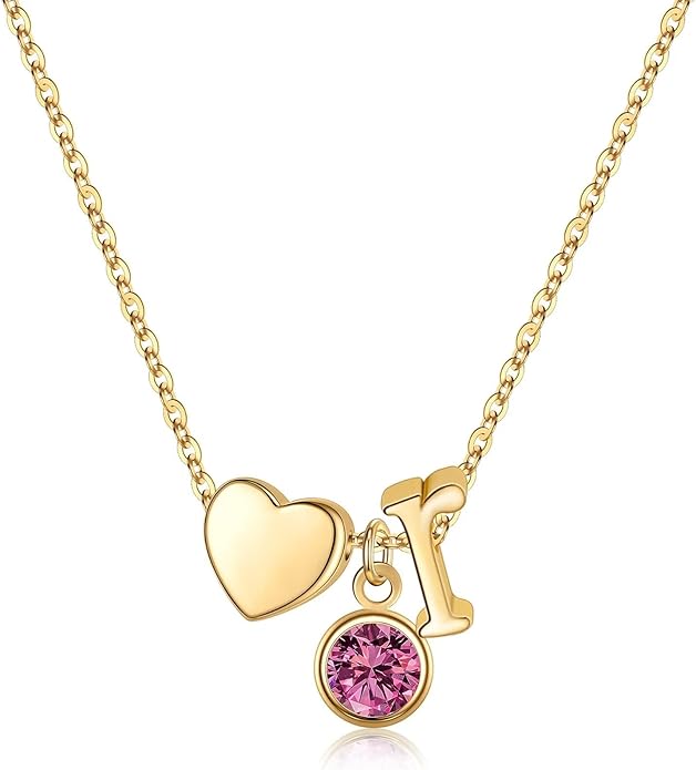 Ursilver Initial Birthstone Necklace for Women - Heart Initial Birthstone Pendant Necklace Personalized Gifts Birthday Gifts for Women