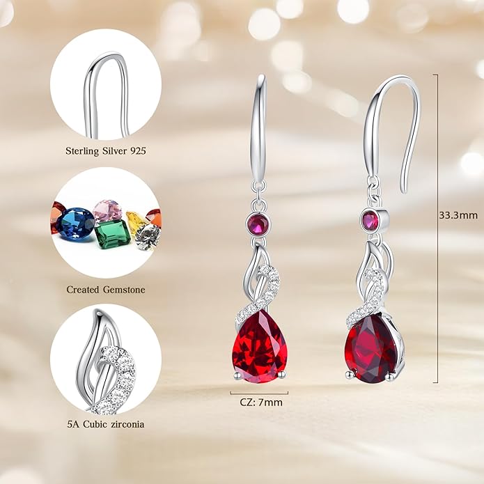 FANCIME Teardrop Dangle Drop Earrings 925 Sterling Silver Pear Gemstone Birthstone Earring Fine Jewelry Birthday Gifts for Women