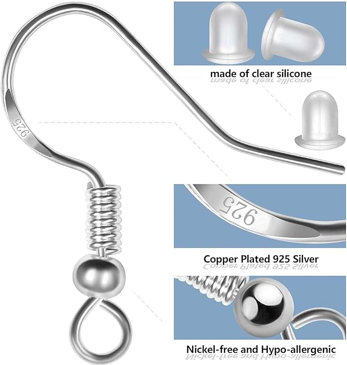 Hypoallergenic Earring Hooks 150 PCS/75 Pairs, Silver Plated Ear Wires Fish Hooks,500pcs Earring Making Kit with Jump Rings and Clear Silicone Earring Backs Stoppers for DIY Jewelry Making