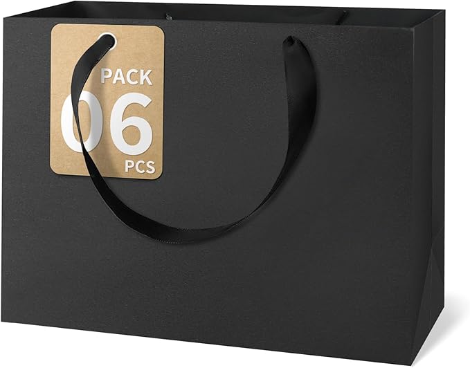 Black Gift Bags With Handles 6 Pcs, 12.5x4.5x11 Inch Sturdy Kraft Paper Gift Bags, Bulk for Wedding, Party, Birthday, Business and Shopping, Large Size