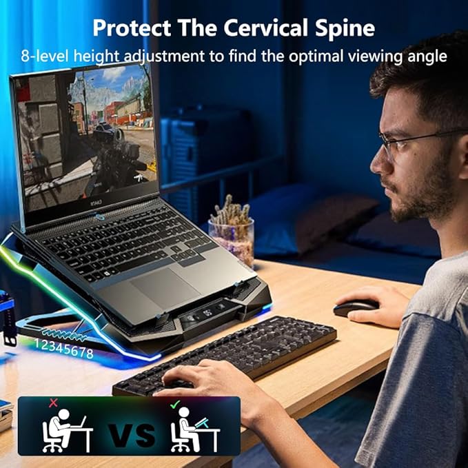 G-STORY Gaming Laptop Cooling Pad, RGB Lights Laptop Cooler with 10 Powerful Turbo Fans for 12-18 Inch Notebooks,8 Height Adjustable Stand and 1 USB Port