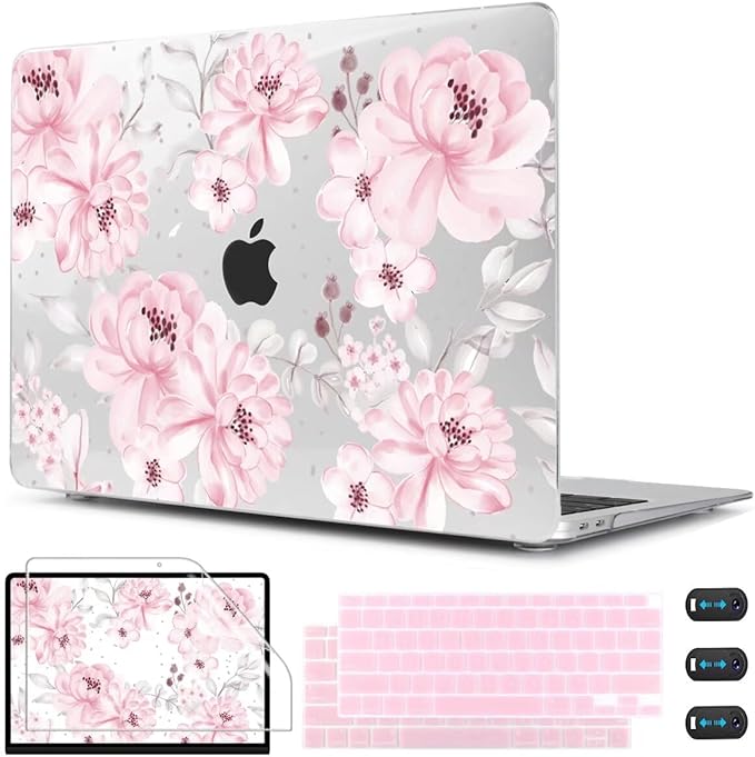 CISSOOK Compatible with MacBook Air 13 inch Case M1 Chip 2021 2020-2028 Release A2337 A2179 A1932 Model with Touch ID, Plastic Hard Shell Case & Keyboard Cover & Screen Protector, Cute Pink Flower