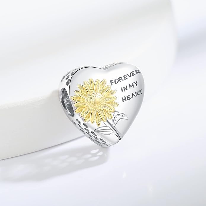925 Sterling Silver Sunflower Charms Fit Pandora Charms Bracelet Forever In My Heart Fit Wife Mother's Day Christmas Birthday Gift