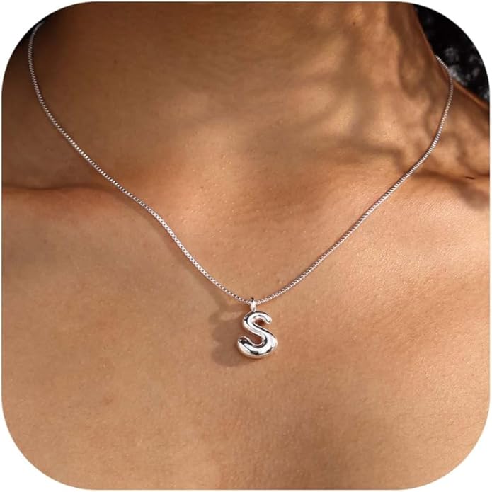 Bubble Gold Silver Letter Necklace Initial Necklaces for Women Trendy 14K Dainty Charm Pendant Name Necklace Personalized Jewelry Gift for Women Teen