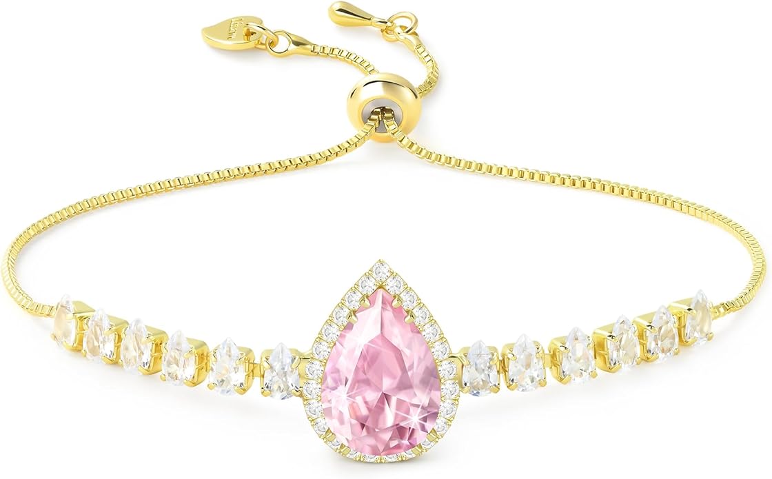 Linawe Crystal Imitation Diamond Rhinestone Charm Bracelets for Women, Gold/Silver/Rose Gold Adjustable Chain Bracelet, Teardrop Birthstone Cubic Zirconia Prom Costume Wedding Jewelry