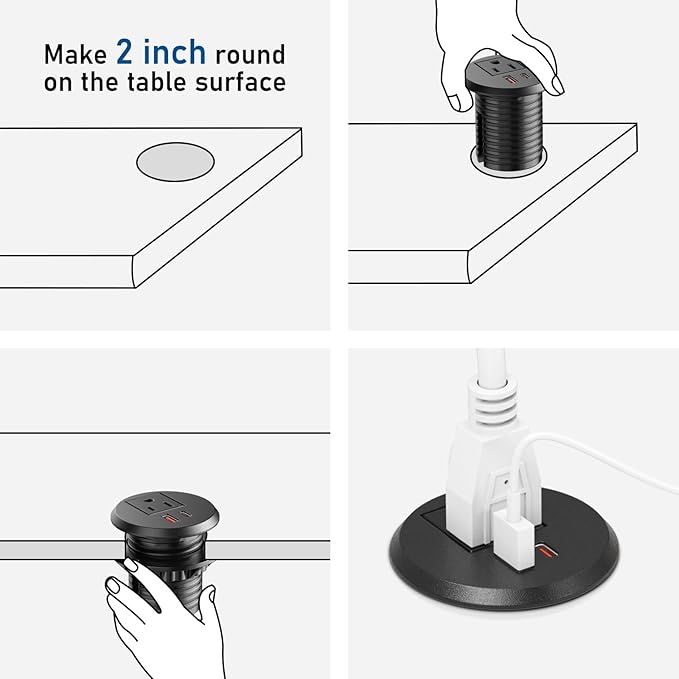Desktop Power Grommet 2 inch Hole,PD 30W USB C Fast Charging Station,Ultra Thin Flat Plug Power Strip,Recessed Outlet,Slim Outlet Extender for Office,Table Outlets for Home,Office,6ft Cable