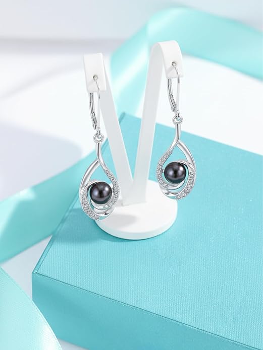 Tahitian Black Pearl Earrings Gifts for Women Wife Celtic Dangle Drop Earrings Wedding Birthday Anniversary Jewelry Valentines Christmas Day Gifts 925 Sterling Silver