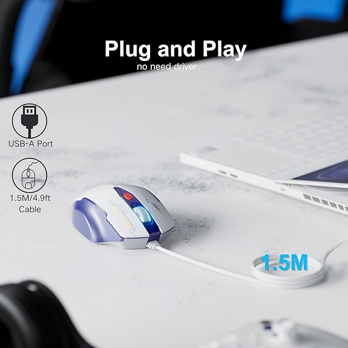 Wired Mouse, 4 Levels Adjustable DPI, 6 Programmable Buttons, Ergonomic Computer Wired Mouse for PC Laptop Computer for Office - Plug and Play (Bluewhite)