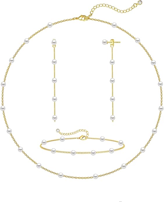 Zeffy Gold Pearl Necklace for Women, Dainty 14K Gold/Silve Plated Layered Pearl Choker Pearl Earrings Pearl Bracelets Wedding Trendy Gold Jewelry Set for Women Gifts