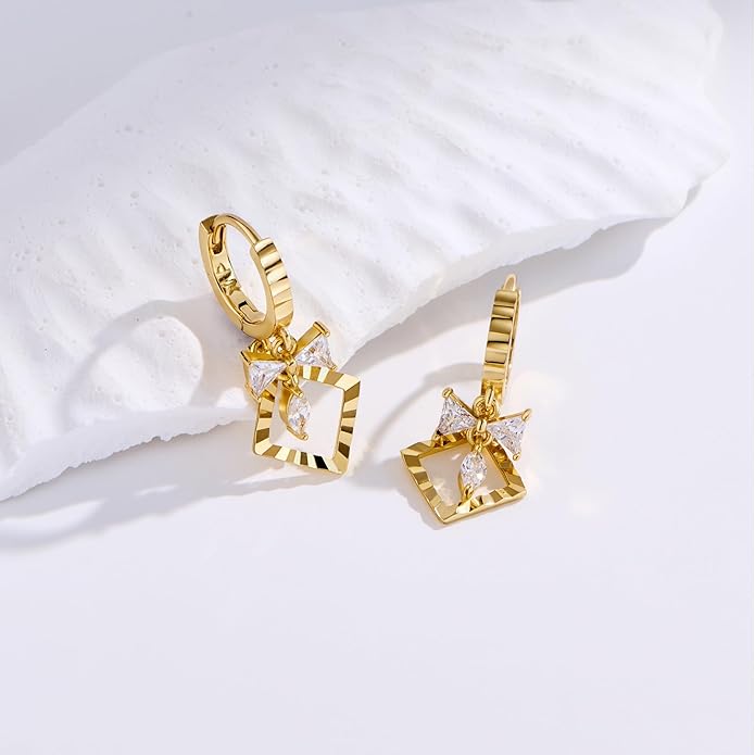 14K Gold Hoop Earrings for Women, 8mm Inner Diameter Huggie Hoops with Heart & Bow CZ Drop, Cubic Zirconia Elegant Dangle Earring, Hypoallergenic Dainty Jewelry, Aretes De Oro Para Mujer 14k