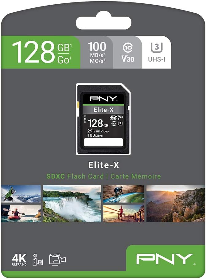 PNY 128GB Elite-X Class 10 U3 V30 SDXC Flash Memory Card - 100MB/s, Class 10, U3, V30, 4K UHD, Full HD, UHS-I, Full Size SD (Pack of 1)
