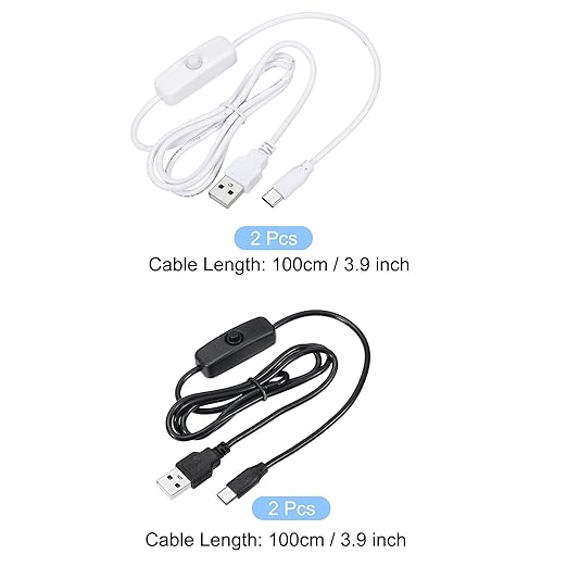 MECCANIXITY USB Cable with 501 ON/Off Switch, USB Male to USB Type C Male Power Cable 100cm for LED Desk Lamp LED Strip Black White 2 Set