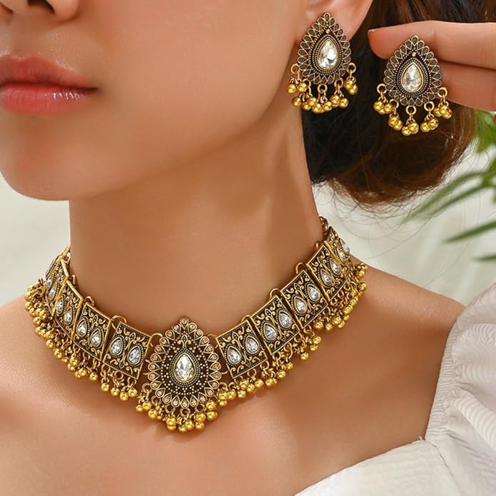 Indian Wedding Bridal Traditional Bohemian Jewellery Set for Women Girls Antique Oxidized Ethnic Party Prom Wear Statement Necklace Earring Tassel Bollywood Choker Punk Crystal Fashion Gift for Bride