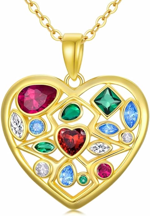 Gemstone Necklaces for Women 14K Yellow Gold Plated Silver Colorful Pendant Necklace Multicolor Cubic Zirconia Heart Pearshaped Jewelry for Mother Wife Daughter