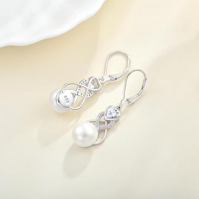 Pearl Earrings Necklace Jewelry Set for Women 925 Sterling Silver Heart Simulated Diamond Freshwater Pearl Jewelry Gift for Her