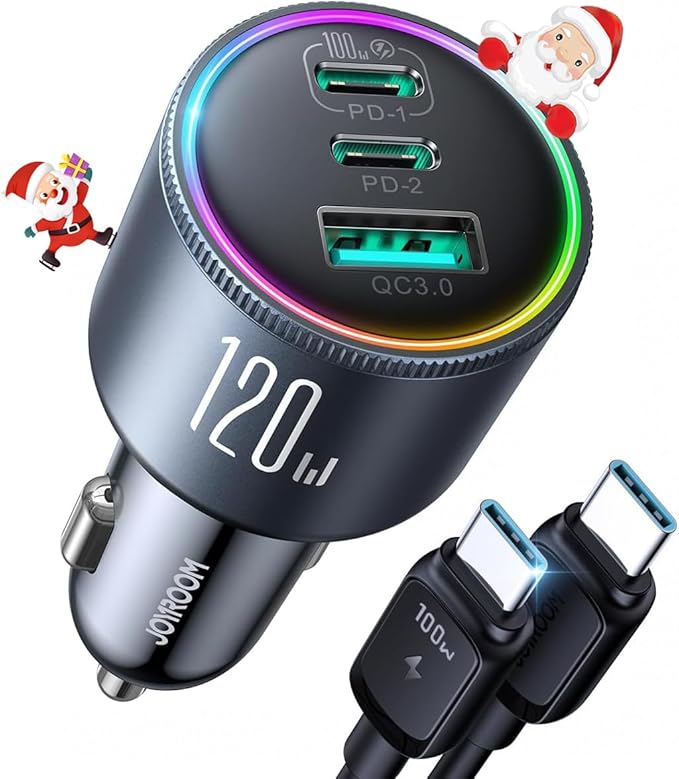 JOYROOM 120W Super Fast Car Charger USB C, 3-Port PD100W+PD35W Car Charger for iPhone 16 with USBC Cable, Type C Fast Charging Adapter for iPhone 16e/15 Pro Max, Samsung Galaxy S25 S24, iPad, Laptop