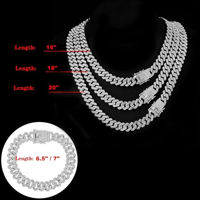 HH BLING EMPIRE 14k Gold/Silver Cuban Link Chain for Women Iced Out Diamond Chunky Cuban Link Necklace Chain Bracelet 2pcs Sets