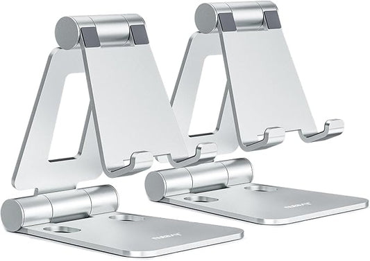 Nulaxy 2 Pack Dual Folding Cell Phone Stand, Fully Adjustable Foldable Desktop Phone Holder Cradle Dock Compatible with iPhone 17 16 15 14 13 12 Pro Max Xs Xr, All Phones, Silver