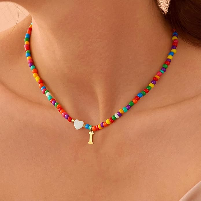 Valentines Day Gifts for Kids Women Girls - Colorful Beaded Initial Necklace Teen Girls Trendy Stuff Dainty Letter A-Z Choker Necklace Valentines Day Gifts for Her Mom Jewelry