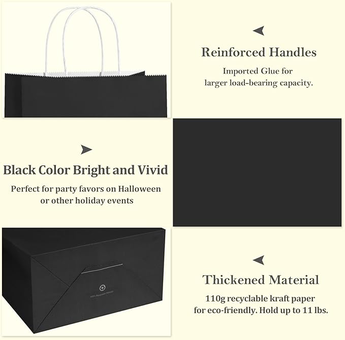 BagDream Black Paper Bags with Handles Bulk 100Pack 10x5x13 Large Gift Bags Kraft Paper Recyclable for Shopping, Merchandise, Retail, Party Favor Gift Sacks