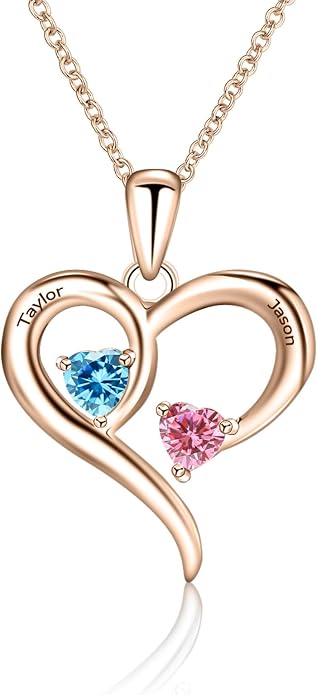 MissNaNa Sterling Silver Personalized 2 Names Heart Necklace with 2 Birthstone Couple I Love You Heart Pendant Necklace Jewelry Gift for Her Wife Girlfriend Mom